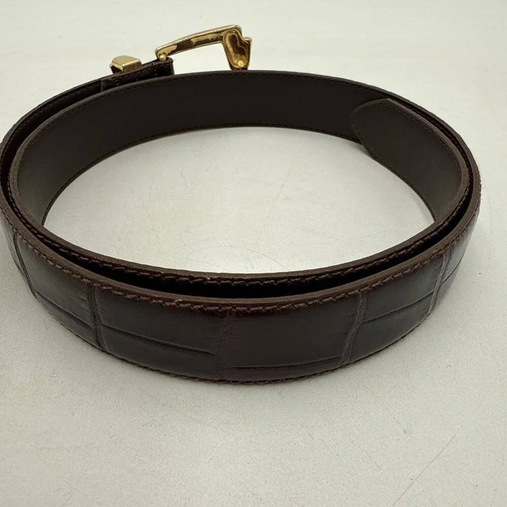 Vintage Tarox Croc Leather Belt Brown Made In Italy Gold Buckle 1